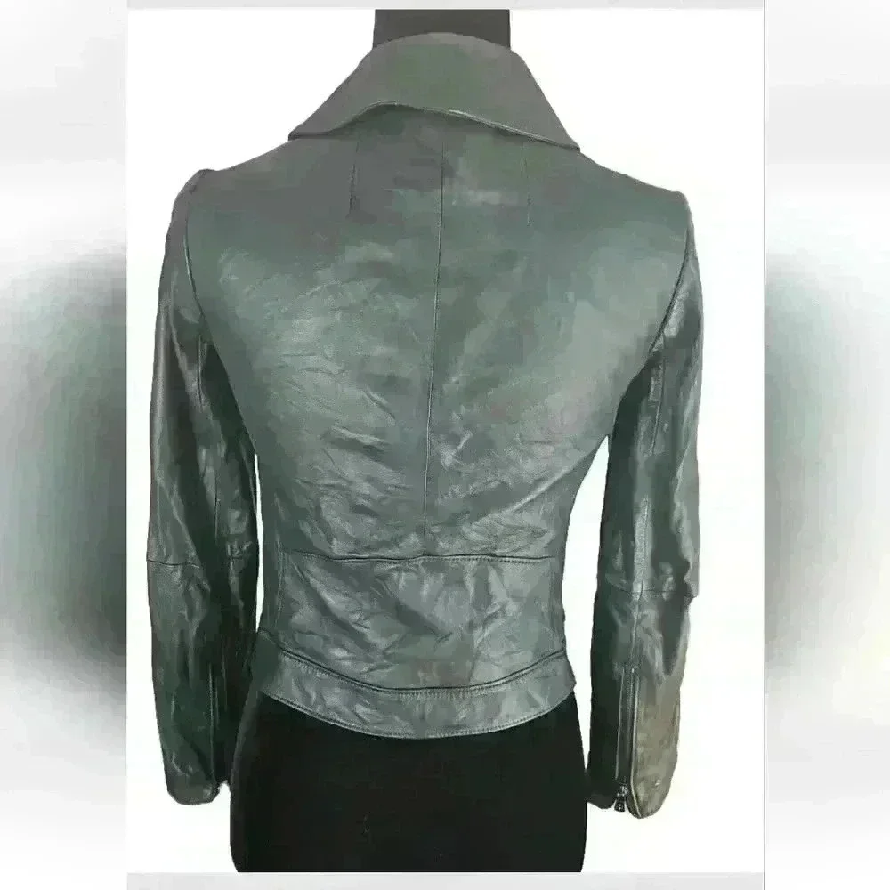 Tory Burch Womens Dark Green Harper Cropped Luxury Designer Moto Jacket 0 (XS-S)